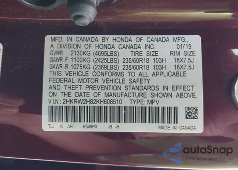 2019 Honda Cr-V Ex-L z USA, uszkodzony, nr VIN 2HKRW2H82KH608510